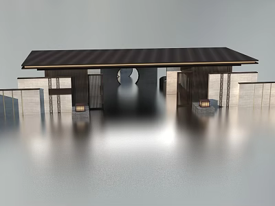 Traditional Chinese Entrance Gate With Black Roof Symmetric Design And Stone Walls 3d model