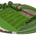 Scenic Park Landscape With Green Lawn People Playing Trees And Sports Facilities