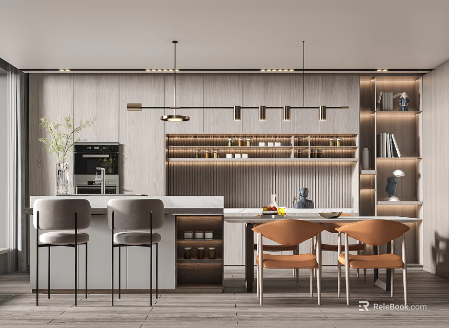 Modern Restaurant Interior With Wooden Counter Pendant Lights Dining Table And Chairs 3d model 