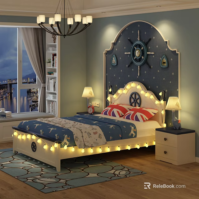 Nautical Kids Bedroom Background Double Bed With Star LED Lights Shipwheel Headboard Union Jack Pillows 3d model 