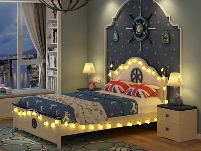 Nautical Kids Bedroom Background Double Bed With Star LED Lights Shipwheel Headboard Union Jack Pillows 3d model
