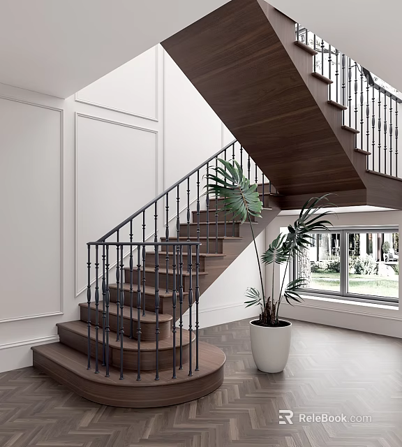 Wooden Staircase with Black Metal Railings Against White Walls and Large Potted Plant Near Window 3d model 