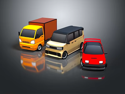 3D Rendered Cars Including Yellow Truck Beige Minivan And Red Sports Car 3d model