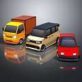 3D Rendered Cars Including Yellow Truck Beige Minivan And Red Sports Car