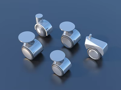 Five Shiny Metal Components With Circular Tops And Round Bases On Blue Background 3d model