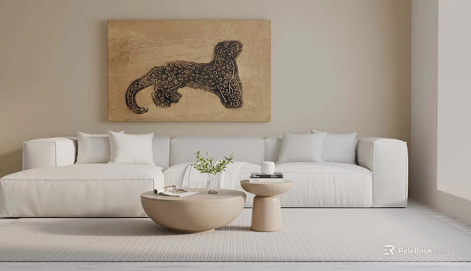 White Three Seater Sofa with Pillows Cheetah Painting on Beige Wall and Round Coffee Table 3d model 