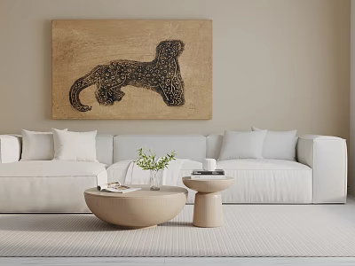 White Three Seater Sofa with Pillows Cheetah Painting on Beige Wall and Round Coffee Table 3d model