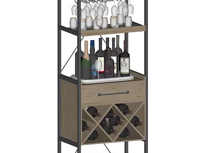 Stylish Wine Cabinet With Metal Frame Wooden Body Drawer Wine Glass Rack And Storage Compartments 3d model