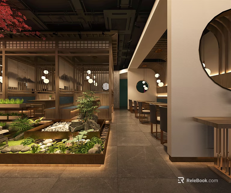 Traditional Chinese Restaurant Interior With Mahogany Dining Tables Chinese Screens Pendant Lights and Green Plants 3d model 