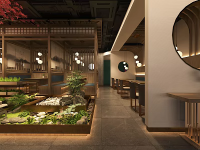 Traditional Chinese Restaurant Interior With Mahogany Dining Tables Chinese Screens Pendant Lights and Green Plants 3d model