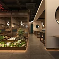 Traditional Chinese Restaurant Interior With Mahogany Dining Tables Chinese Screens Pendant Lights and Green Plants