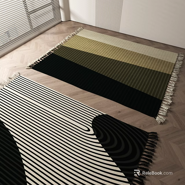 Modern Square Rug With Striped Pattern Black White Beige Green And Fringes On Wooden Floor 3d model 