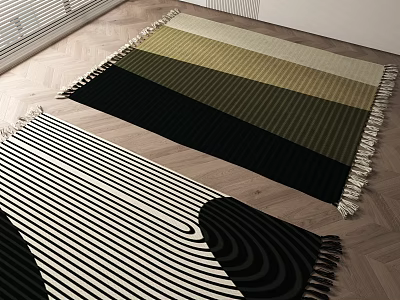 Modern Square Rug With Striped Pattern Black White Beige Green And Fringes On Wooden Floor 3d model
