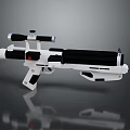 White and Black Futuristic Weapon with Scope Grip Barrel Red Accent and Shiny Surface