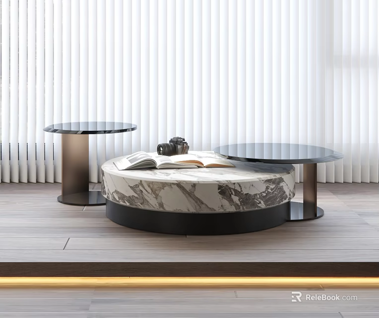Modern Round Coffee Table Featuring Marble Surface And Glass Top In Living Room 3d model 