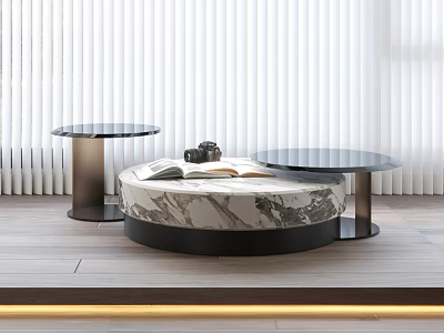 Modern Round Coffee Table Featuring Marble Surface And Glass Top In Living Room 3d model