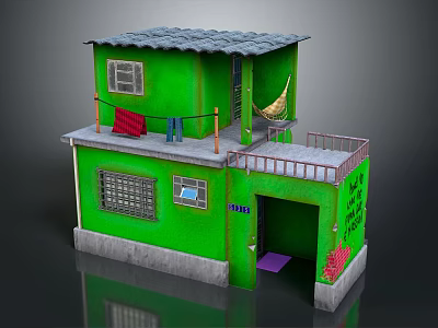 Two Story Green Building With Gray Roof Balcony Clothes Hanging Hammock And Grilled Windows 3d model