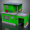 Two Story Green Building With Gray Roof Balcony Clothes Hanging Hammock And Grilled Windows
