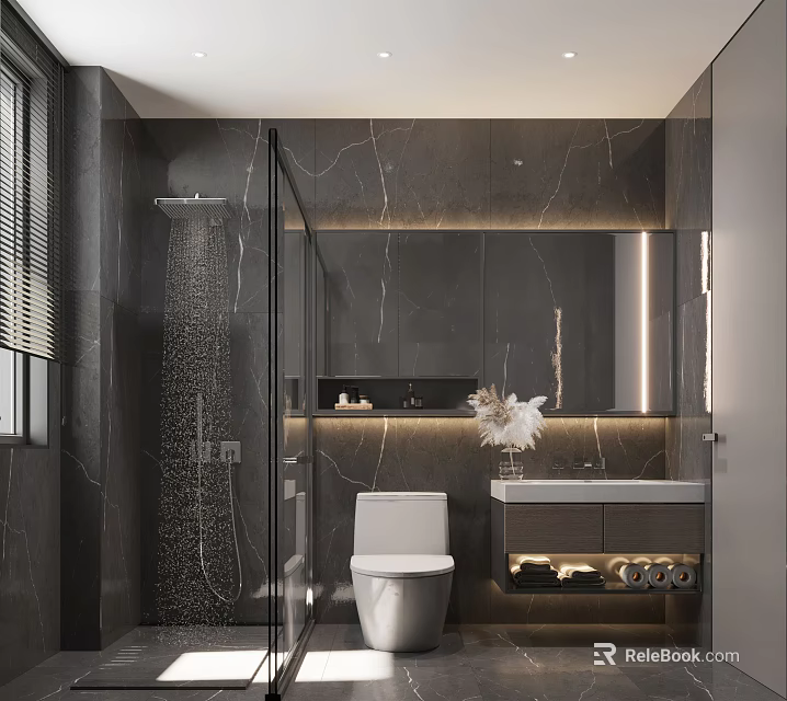 Modern Bathroom Interior With Marble Walls Glass Shower And Vanity Lighting 3d model 