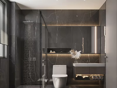Modern Bathroom Interior With Marble Walls Glass Shower And Vanity Lighting 3d model