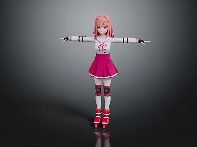 Child With Pink Hair Wearing White Top Pink Skirt Red Roller Skates Arms Outstretched 3d model