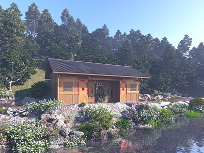Rustic Rural Self-built House Exterior With Black Roof Red Decorations And Woodland Surroundings 3d model