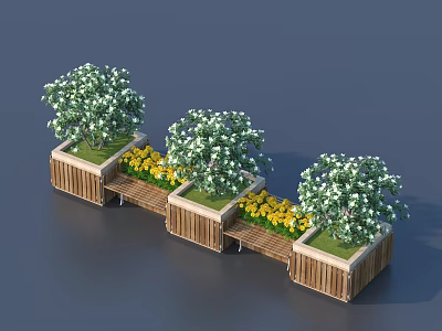 Lush Green Bushes In Wooden Planters With Connecting Wooden Planks And Yellow Flowers 3d model
