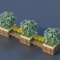 Lush Green Bushes In Wooden Planters With Connecting Wooden Planks And Yellow Flowers