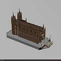 European Style Architecture 3D Model with Towers Spires and Arched Windows