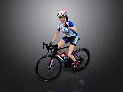 Woman Riding Road Bicycle Wearing Helmet And Blue Cycling Jersey 3d model