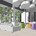 Modern Leisure Area Design With Green Plant Walls Hanging Lights And Round Seats