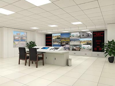 Modern Monitoring Room Interior With Multiple Surveillance Screens Control Console And Office Chairs 3d model