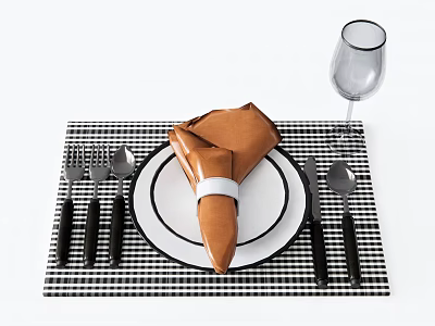 Dinnerware Set With Black White Checkered Placemat White Plate Brown Napkin Ring And Wine Glass 3d model