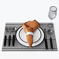 Dinnerware Set With Black White Checkered Placemat White Plate Brown Napkin Ring And Wine Glass