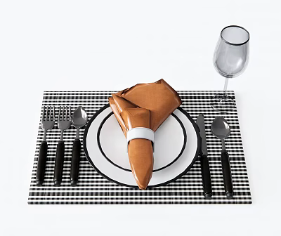 Dinnerware Set With Black White Checkered Placemat White Plate Brown Napkin Ring And Wine Glass 3d model