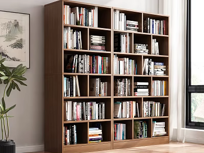 Wooden Multi Tiered Bookcase Filled With Books In Cozy Interior Featuring Plant And Wall Art 3d model
