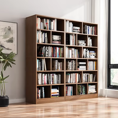 Wooden Multi Tiered Bookcase Filled With Books In Cozy Interior Featuring Plant And Wall Art 3d model