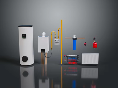 Residential Heating Equipment Setup With Boiler Pipes Valves Controller And Radiator 3d model
