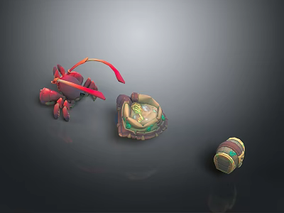 Red Aquatic Crab Near Round Container And Wooden Barrel On Dark Surface 3d model