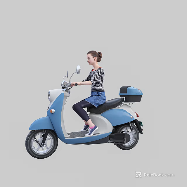 Woman Riding Blue Electric Scooter With Storage Box And Mirror Design 3d model 