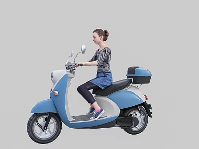 Woman Riding Blue Electric Scooter With Storage Box And Mirror Design 3d model