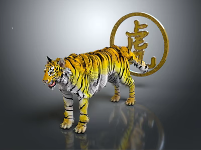 Yellow Black Striped Tiger With Golden Circular Symbol And Tiger Character 3d model