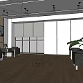Modern Conference Room With Wooden Flooring Large Windows Roller Blinds Green Lawn And Gray Sofas