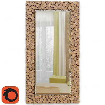 Full Length Mirror With Wooden Log Slices Frame In Room With Window And Stool 3d model