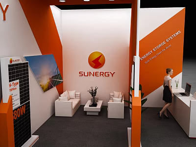 Sunergy Exhibition Booth Showcasing Photovoltaic Systems With Sofas Plants And Reception Desk 3d model