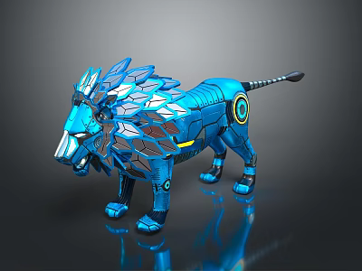Futuristic Blue Mechanical Lion With Geometric Mane And Reflective Metallic Surface 3d model