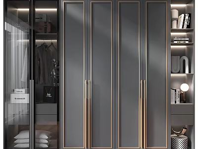 Modern Gray Decorative Cabinet With Gold Stripes Glass Doors And Decorative Shelves 3d model