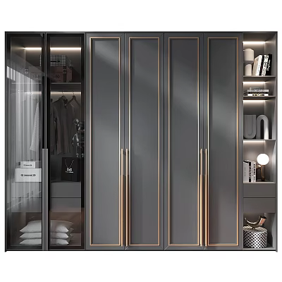 Modern Gray Decorative Cabinet With Gold Stripes Glass Doors And Decorative Shelves 3d model