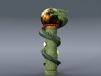 Decorative Green Pillar With Coiled Mythical Dragon And Golden Sphere On Top 3d model