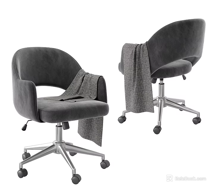Gray Velvet Office Chair With Armrests Draped Blanket And Metal Base Wheels 3d model 